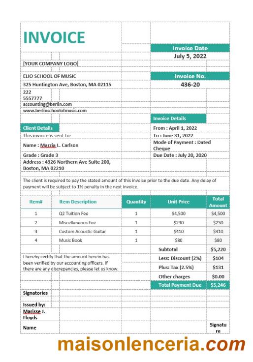 Szablon faktury Szkoły Muzycznej w formatach Word i PDF